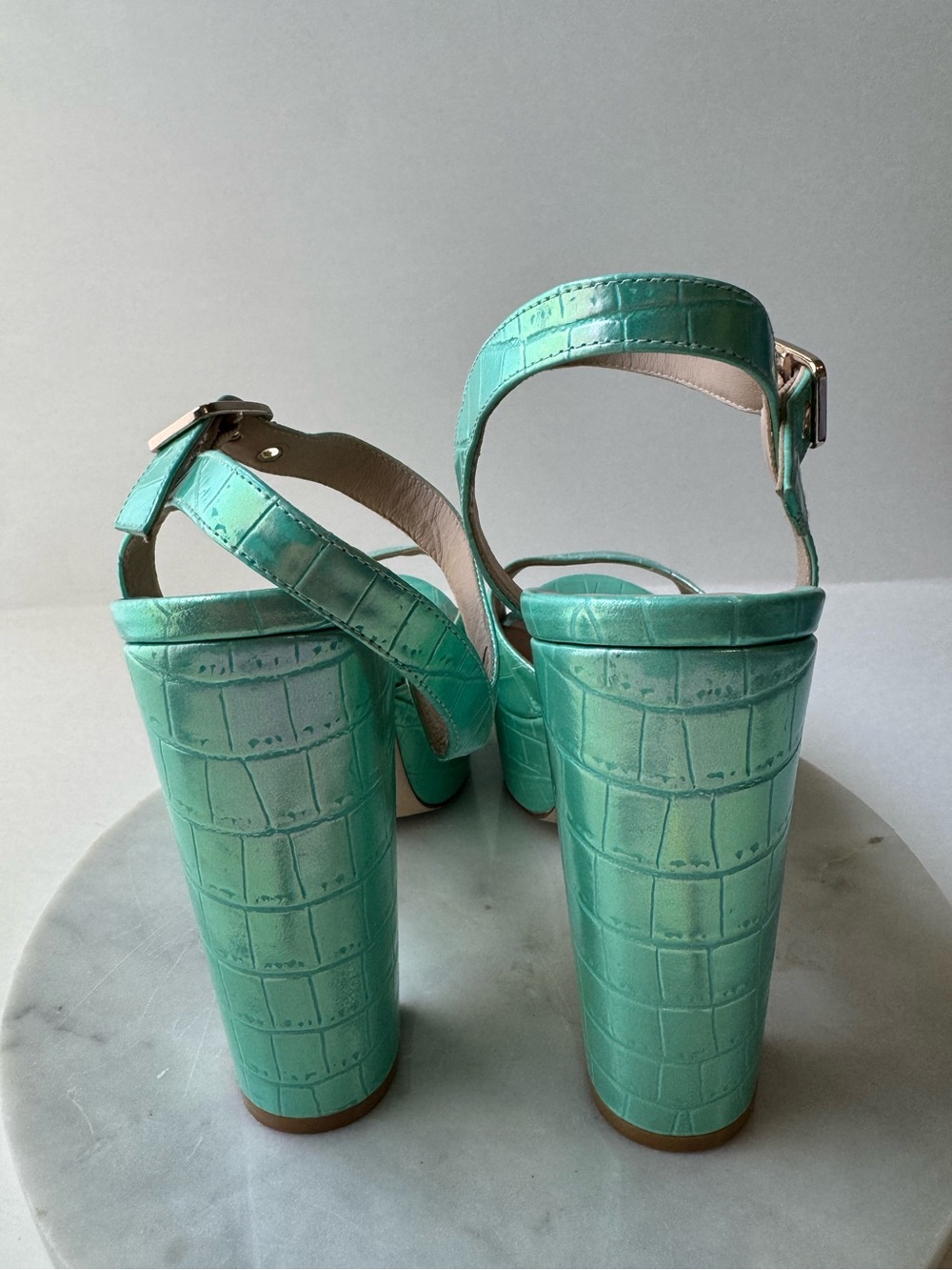 Stuart Weitzman Aqua Croc-Embossed Platform Sandals - Picture 6 of 16